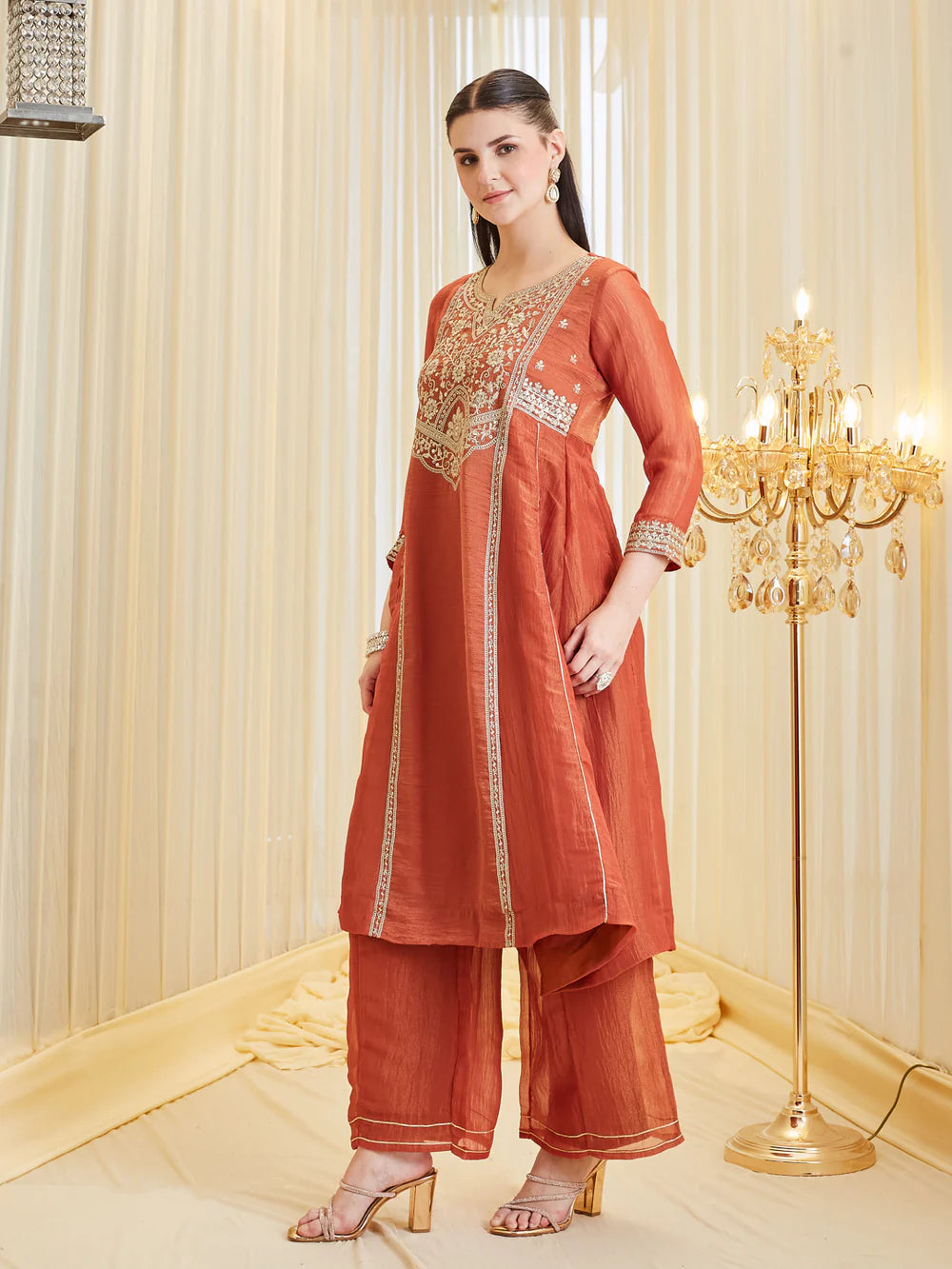 Orange Silk Zari Embroidered Anarkali Palazzo With Dupatta Set For Women