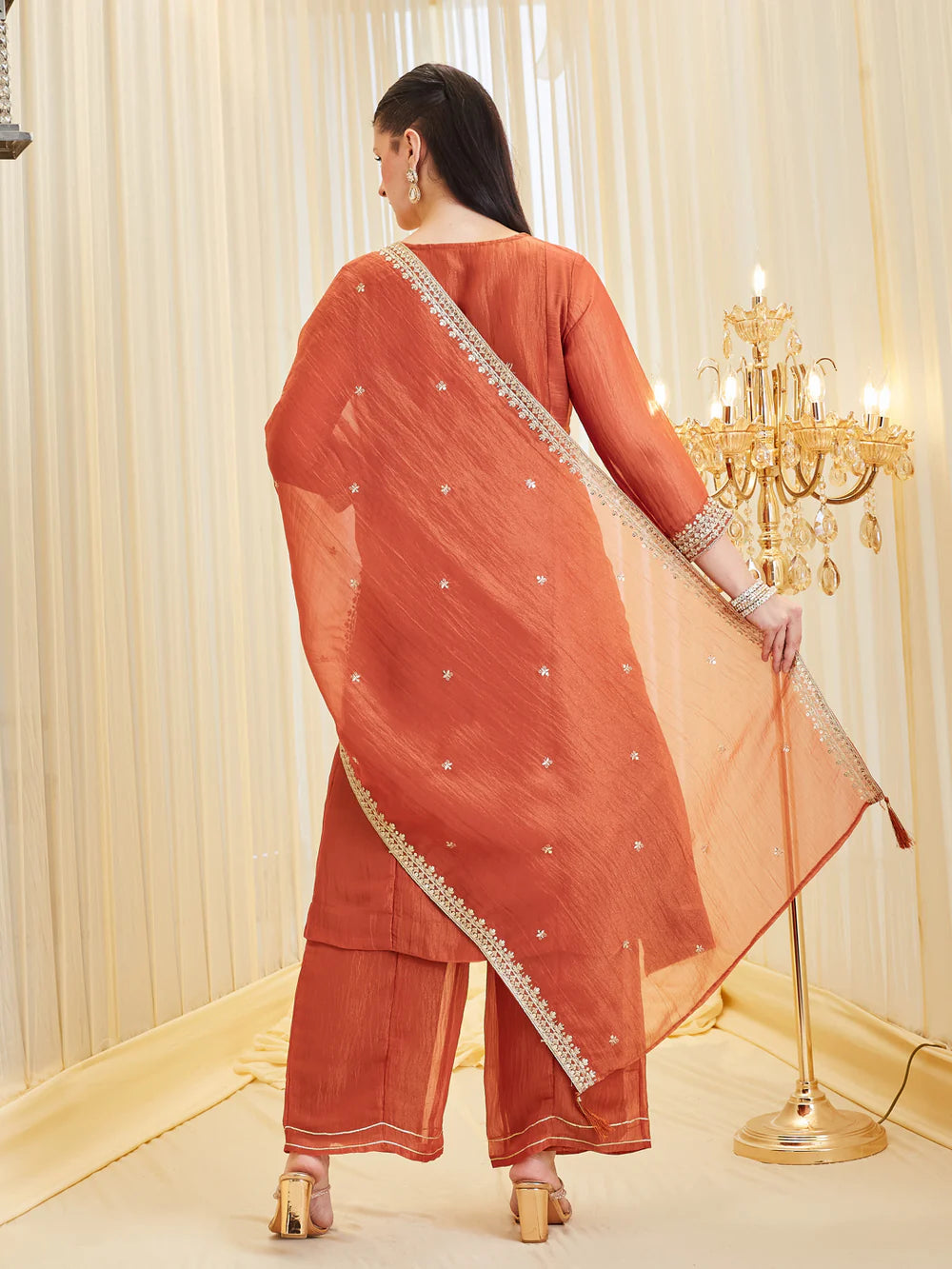 Orange Silk Zari Embroidered Anarkali Palazzo With Dupatta Set For Women