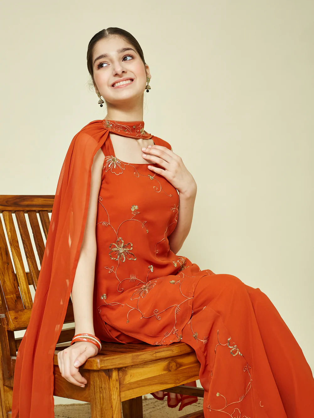 Orange Georgette Embroidered Kurta Palazzo & Dupatta Set for Girls