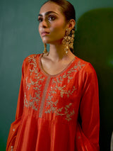 Orange Silk Embroidered Anarkali Kurta And Dupatta Set