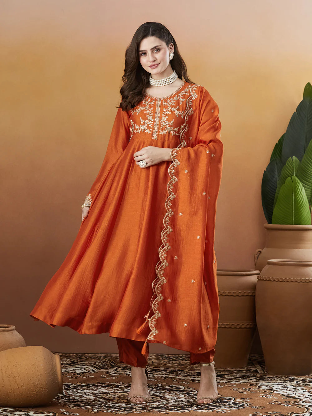Orange Silk Embroidered Anarkali Kurta And Dupatta Set