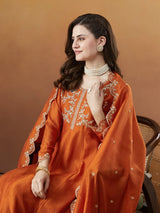 Orange Silk Embroidered Anarkali Kurta And Dupatta Set