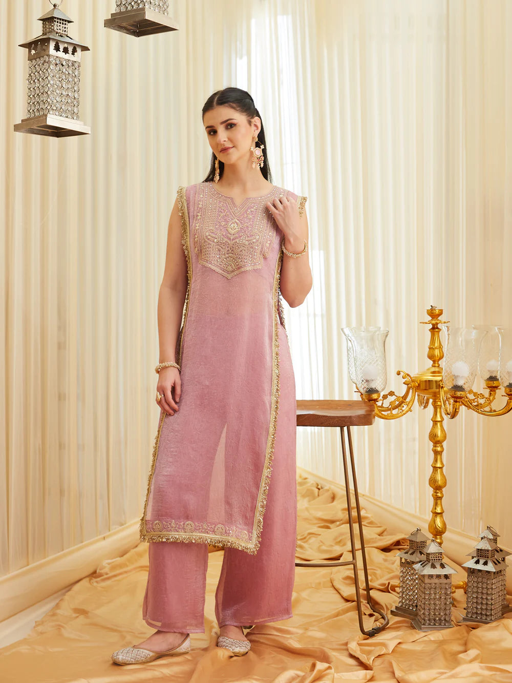 Pink Embroidered Sheer Silk Kurta Set