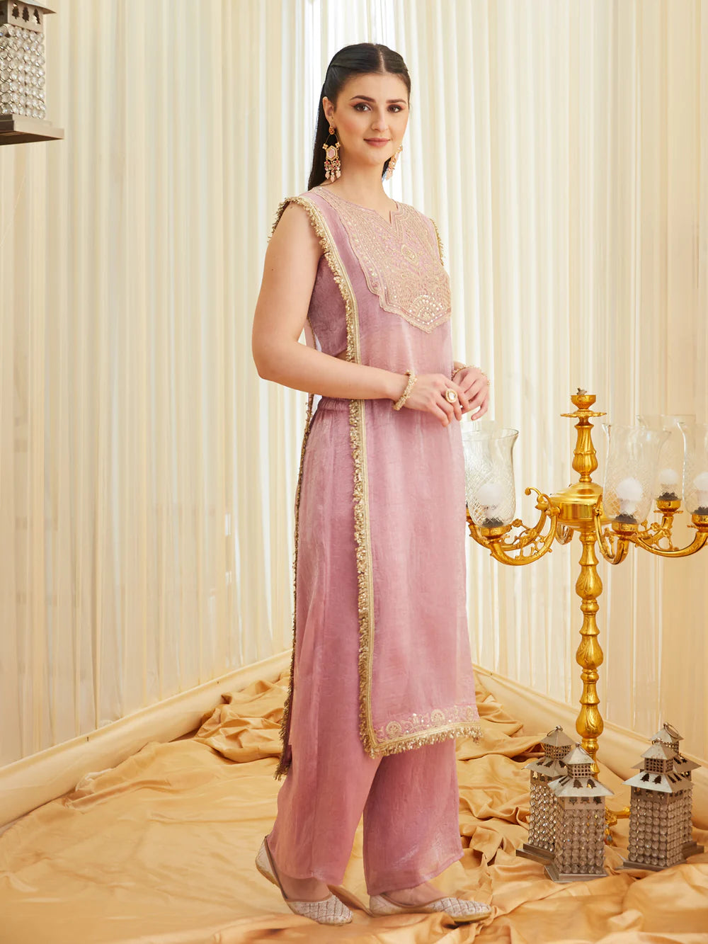 Pink Embroidered Sheer Silk Kurta Set