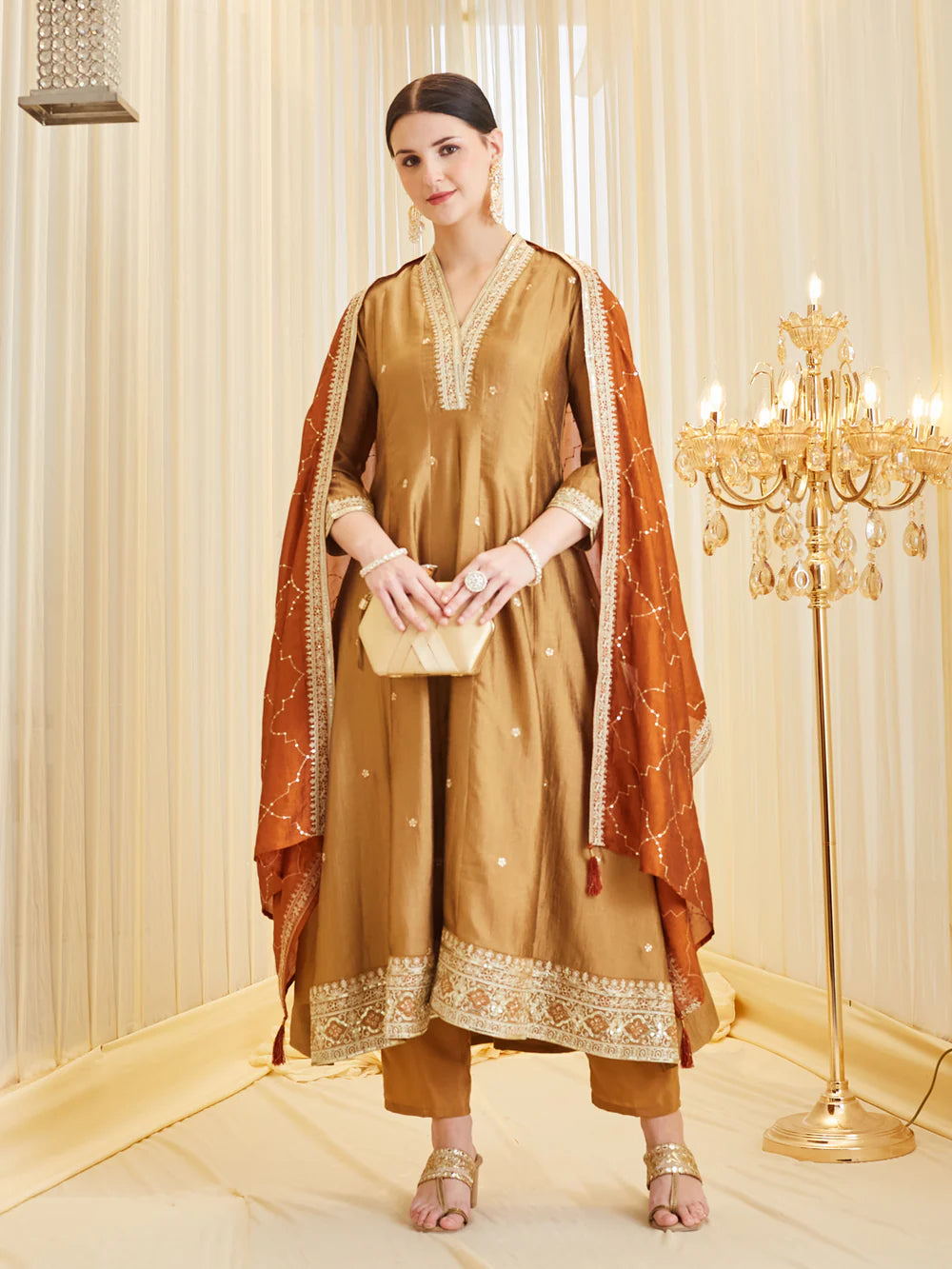 Golden Embroidered Silk Anarkali Suit Set With Dupatta for Women