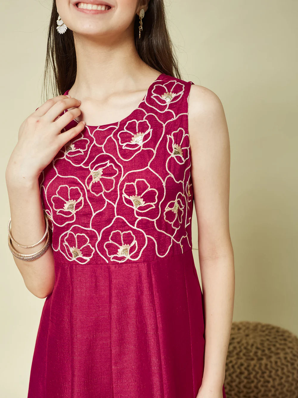 Rani Embroidered Silk Anarkali Kurta with Dupatta Set for Girls