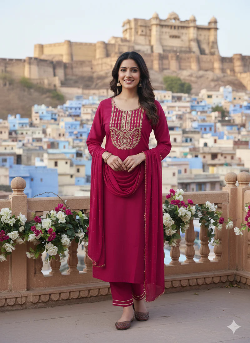 Rani Embroidered Chinon Kurta with Dupatta Set