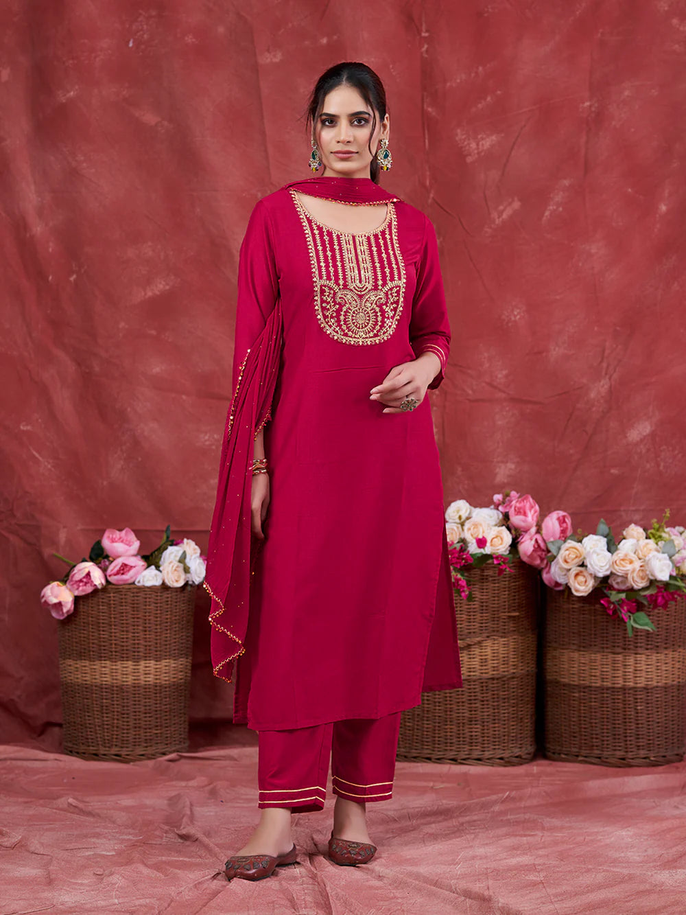 Rani Embroidered Chinon Kurta with Dupatta Set