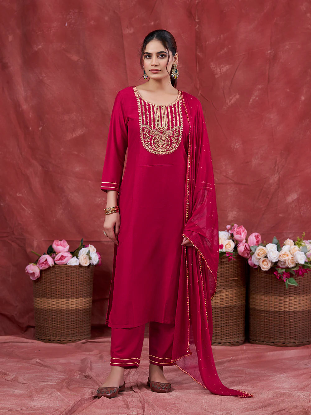 Rani Embroidered Chinon Kurta with Dupatta Set