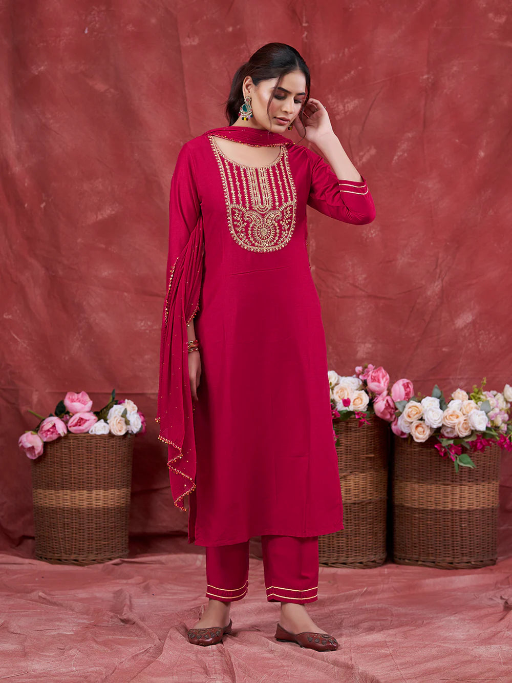 Rani Embroidered Chinon Kurta with Dupatta Set