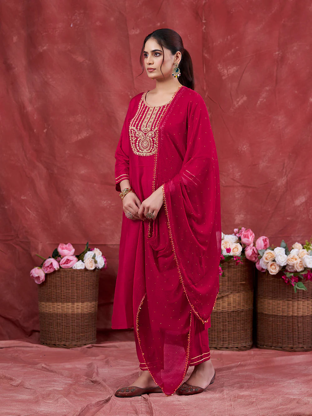 Rani Embroidered Chinon Kurta with Dupatta Set