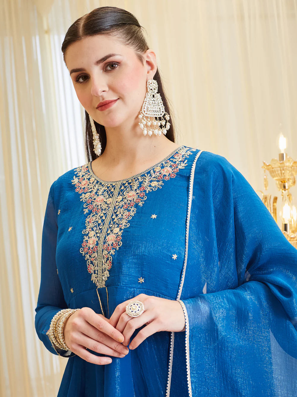 Royal Blue Silk Embroidered Palazzo Suit Set with Dupatta for Women