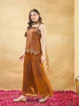 Rust Silk Embroidered Top with Palazzo Pants Set for Women