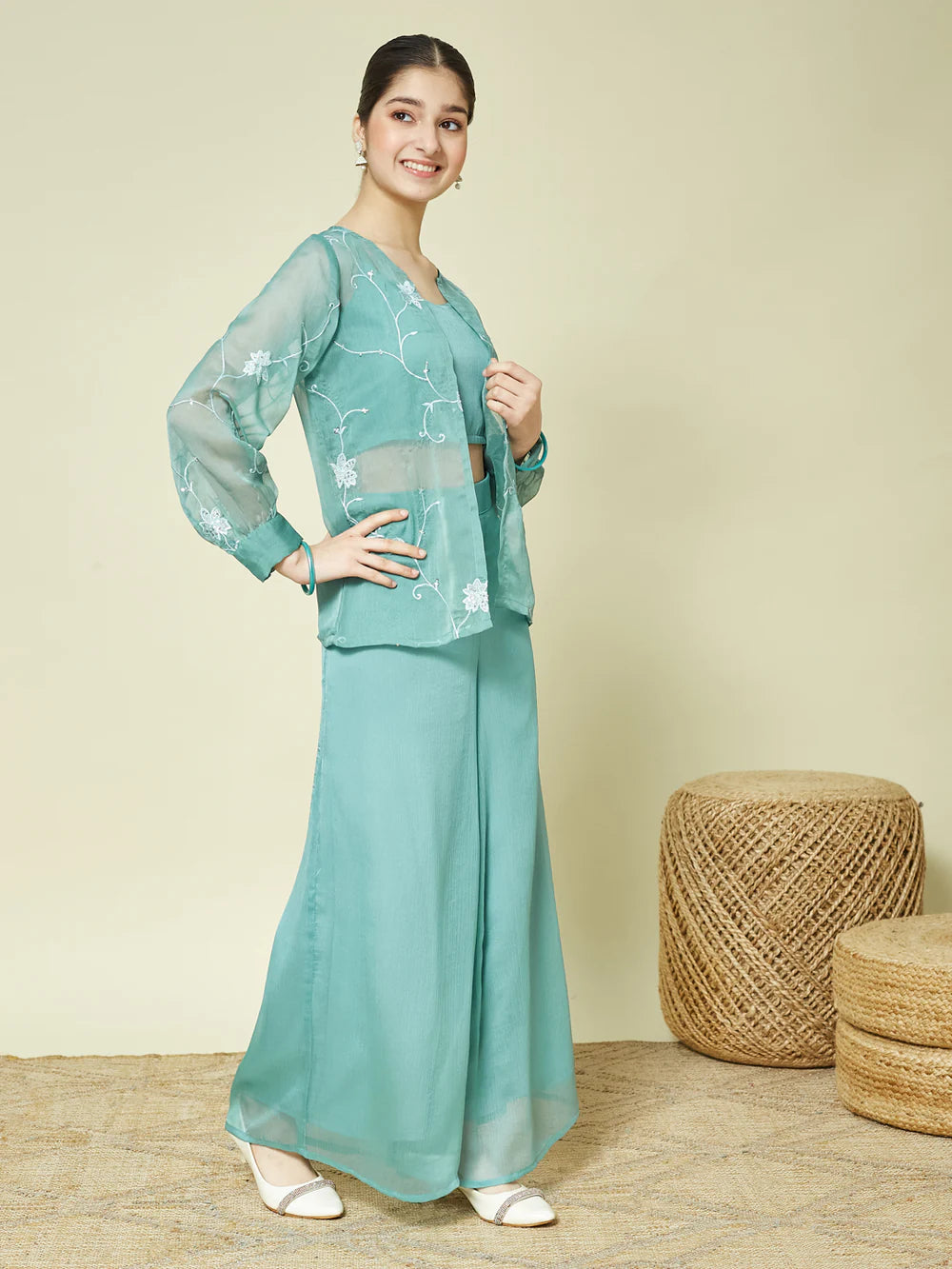 Sky Blue Chiffon Crop Top Palazzo Set with Sheer Shrug for Girls