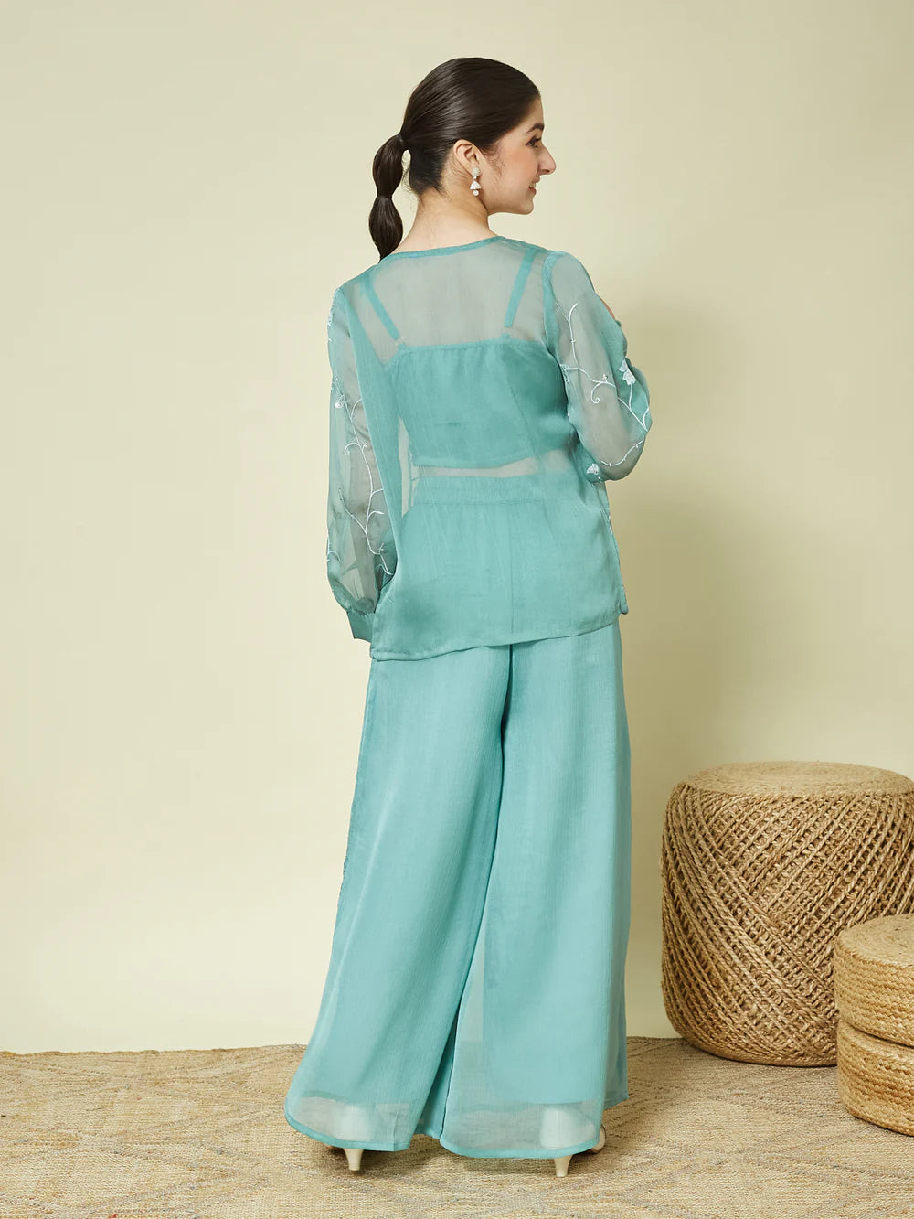 Sky Blue Chiffon Crop Top Palazzo Set with Sheer Shrug for Girls