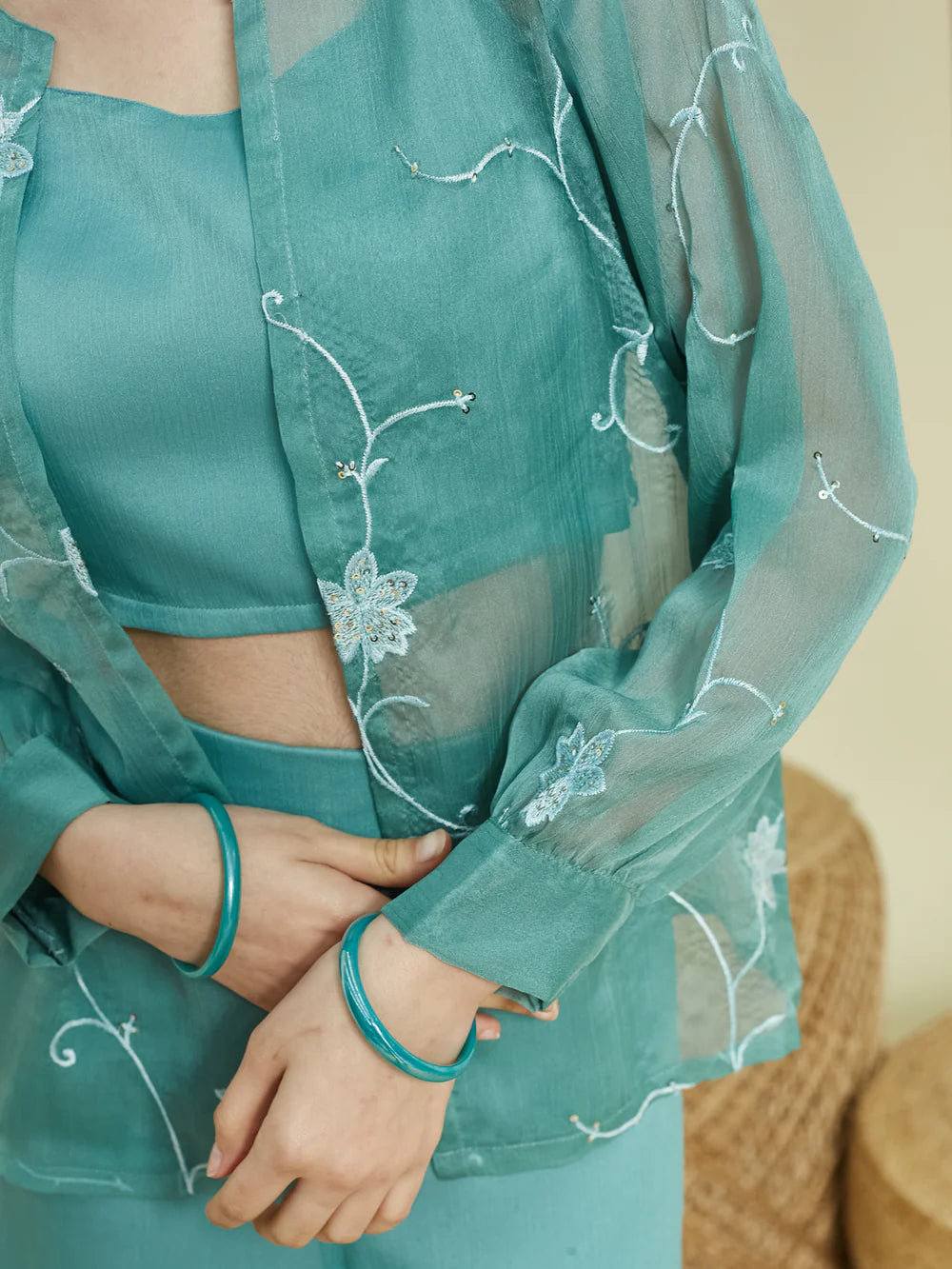Sky Blue Chiffon Crop Top Palazzo Set with Sheer Shrug for Girls