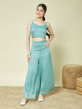 Sky Blue Chiffon Crop Top Palazzo Set with Sheer Shrug for Girls