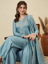 Sky Blue Silk Embroidered Anarkali Kurta With Dupatta Set for Women