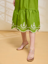 Styli Green Cotton Regular Fit Self-Pattern Midi Dress