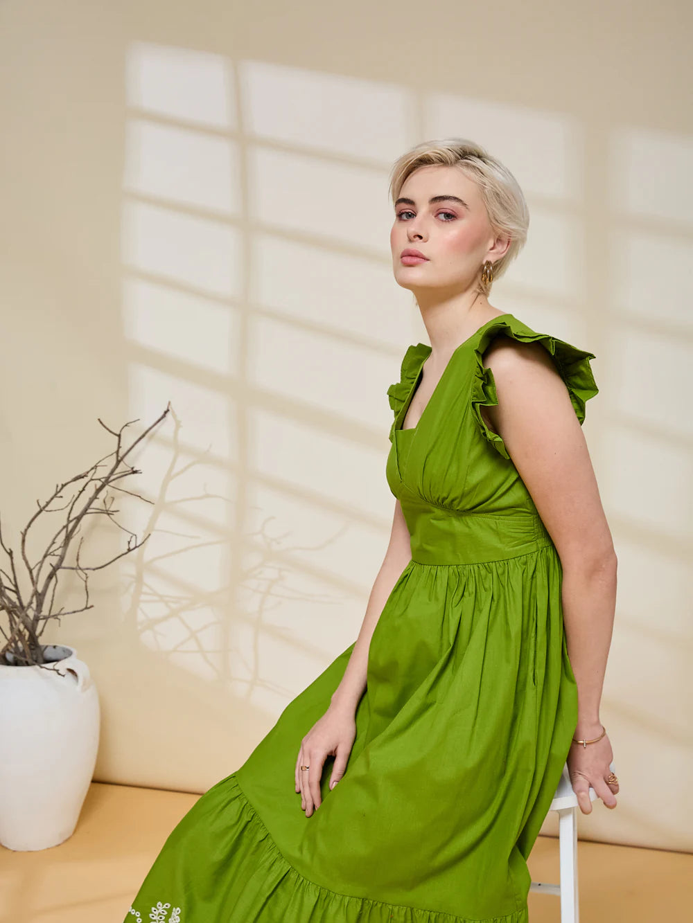 Styli Green Cotton Regular Fit Self-Pattern Midi Dress