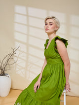 Styli Green Cotton Regular Fit Self-Pattern Midi Dress