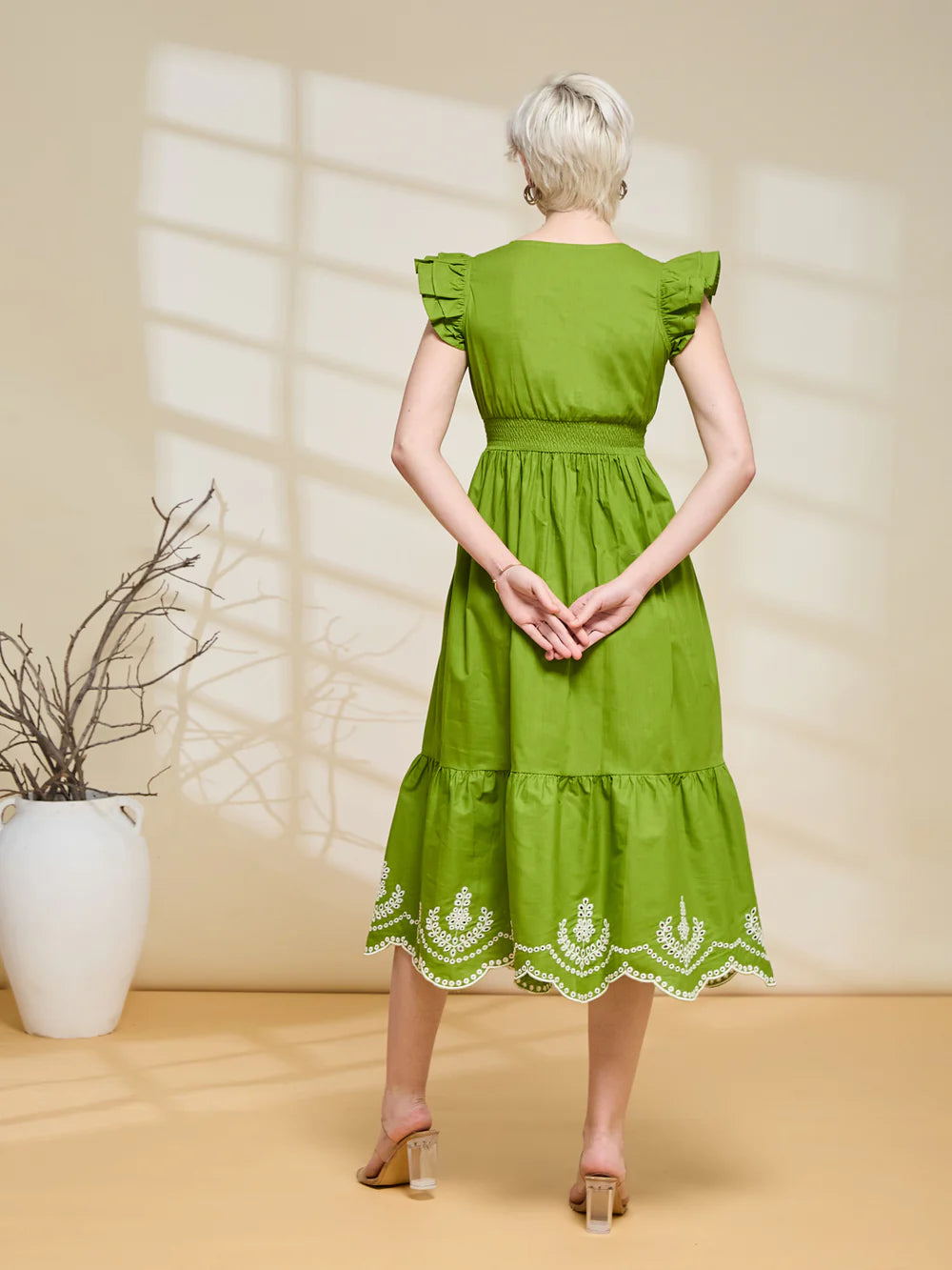Styli Green Cotton Regular Fit Self-Pattern Midi Dress