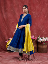 Teal Blue Embroidered Silk Anarkali Kurta With Dupatta Set