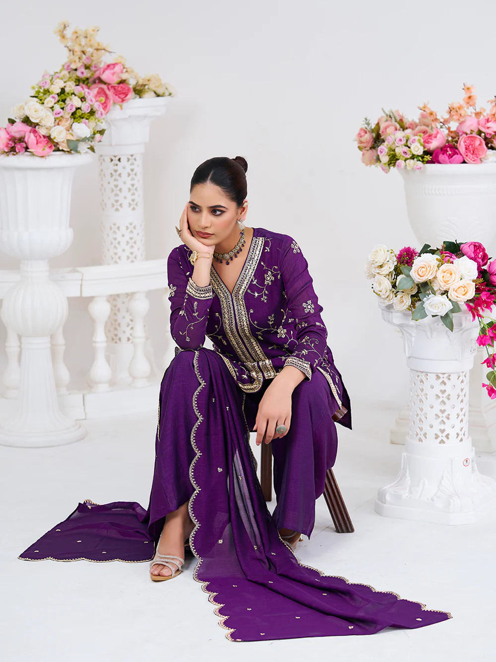 Violet Embroidered Peplum Top with Sharara Set