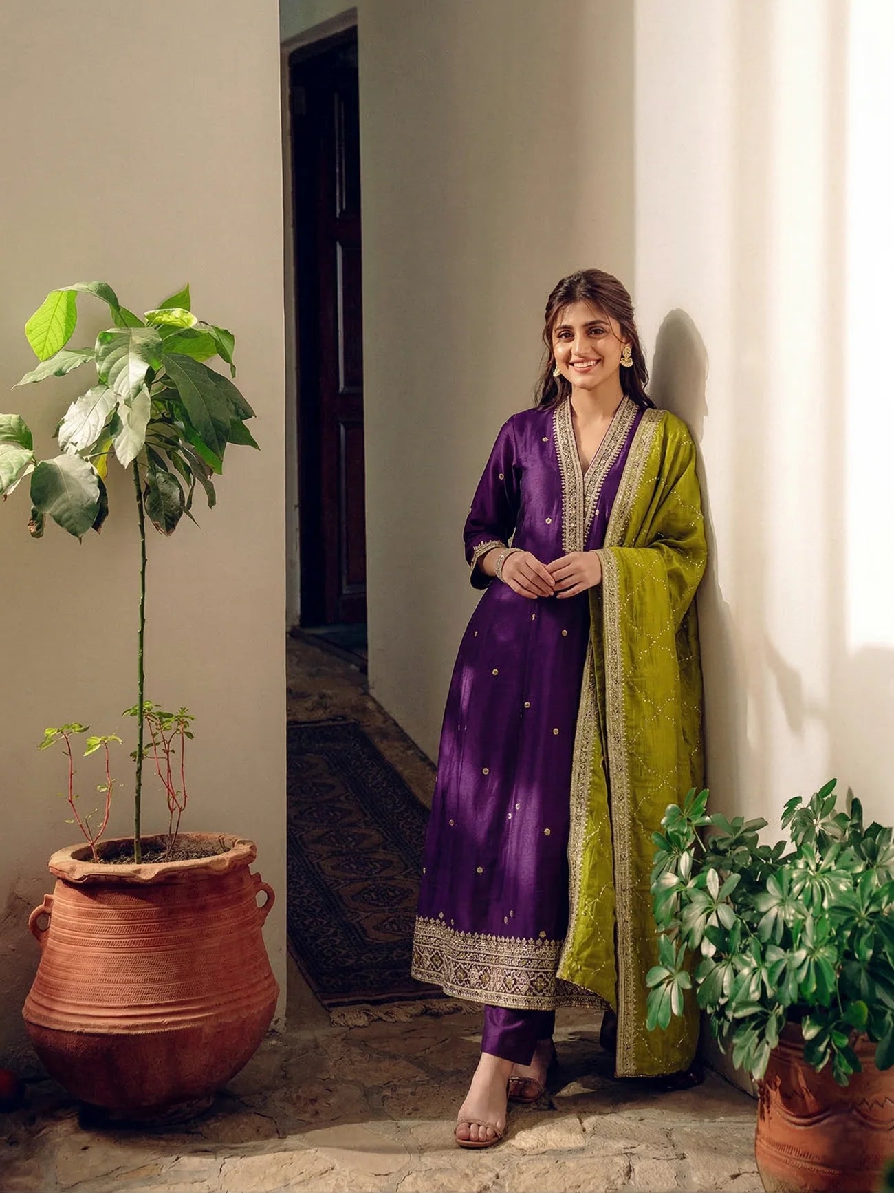 Violet Embroidered Silk Anarkali Kurta With Dupatta Set