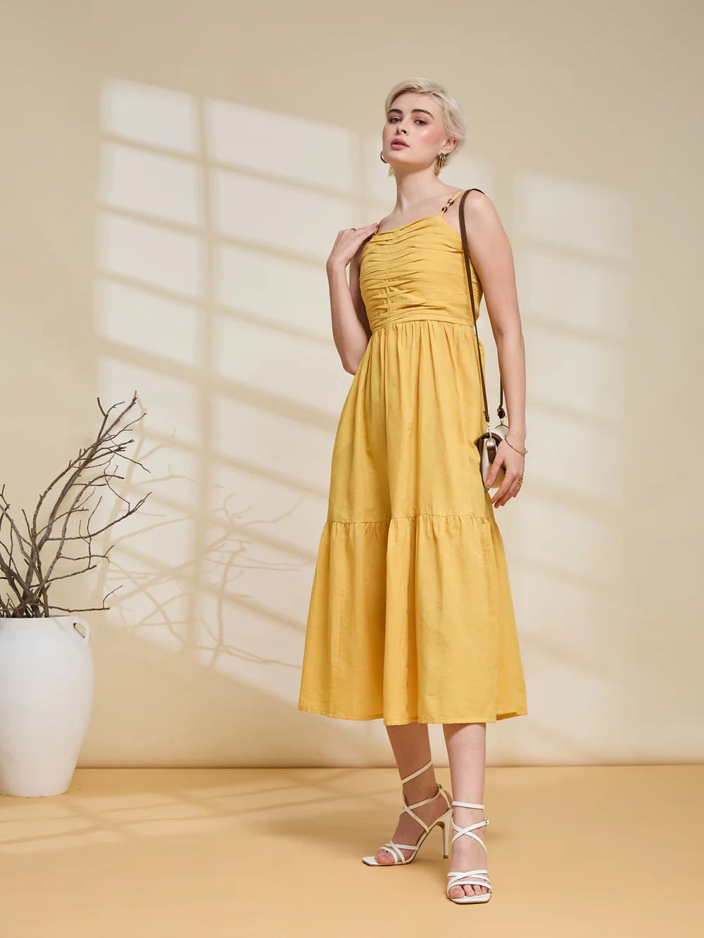 Women's Mustard Yellow Ruched Midi Dress