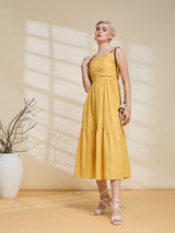 Women's Mustard Yellow Ruched Midi Dress