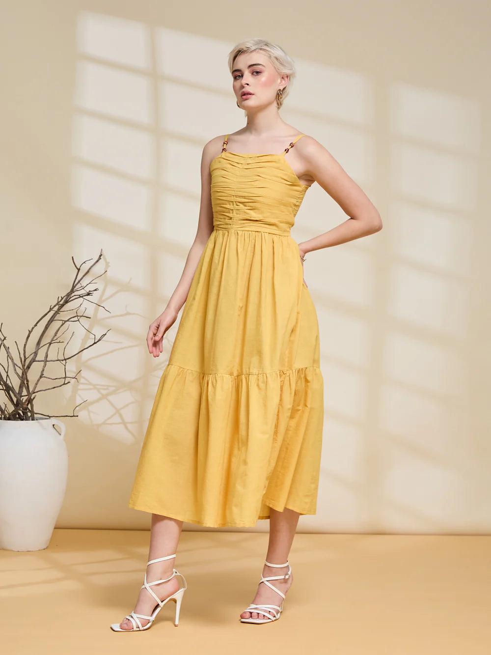 Women's Mustard Yellow Ruched Midi Dress