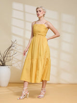 Women's Mustard Yellow Ruched Midi Dress