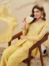 Yellow Silk Embroidered Top Sharara Set with Dupatta