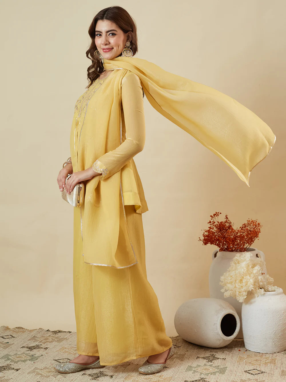 Yellow Silk Embroidered Top Sharara Set with Dupatta