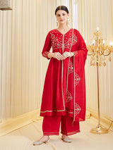 Red Silk Embroidered Anarkali Kurta Set with Dupatta for Women