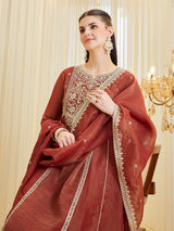Maroon Silk Zari Embroidered Anarkali Palazzo With Dupatta Set For Women