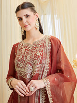 Maroon Silk Zari Embroidered Anarkali Palazzo With Dupatta Set For Women