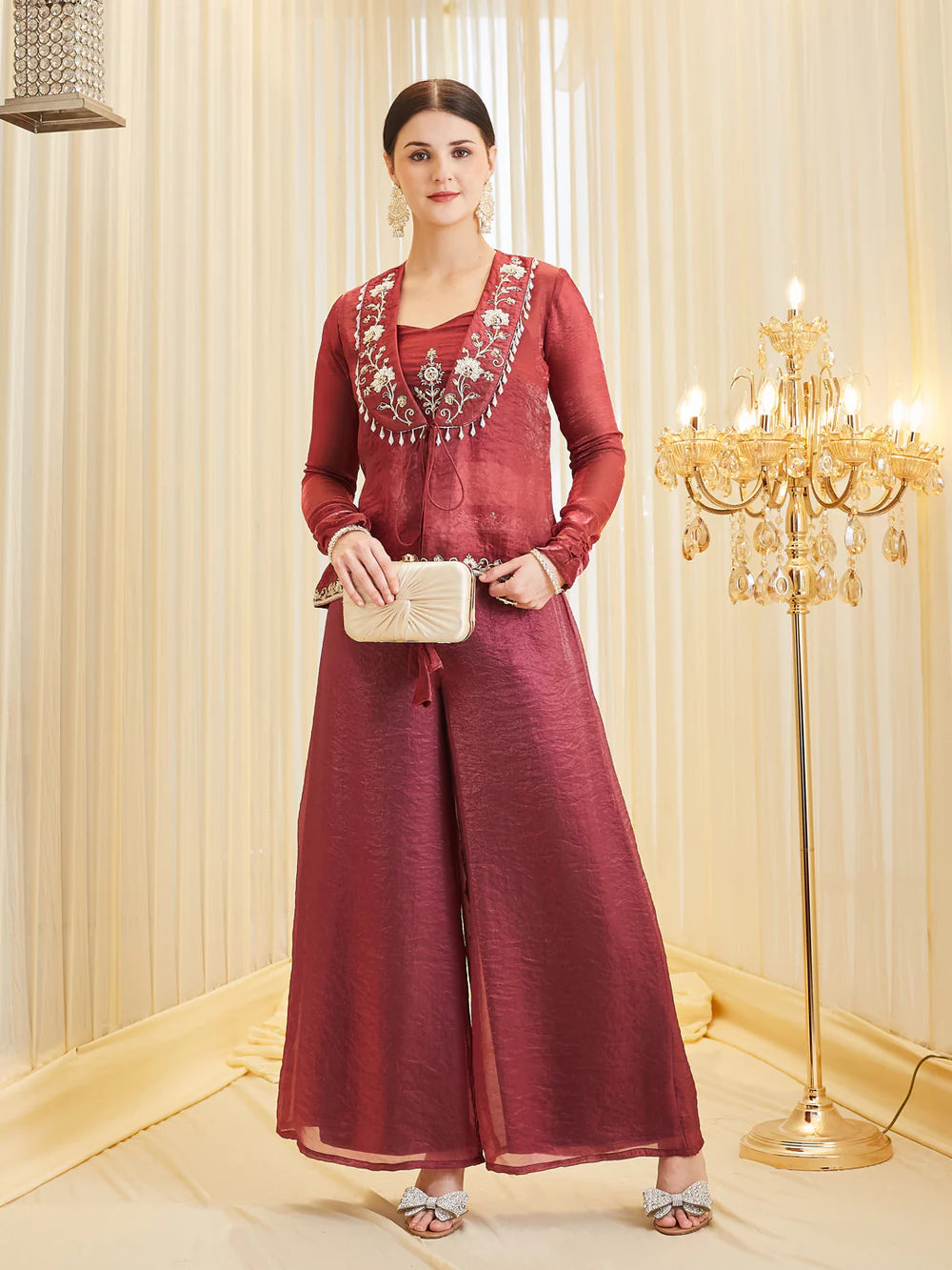 Berry Silk Embroidered Solid Top & Palazzo With Jacket Set For Women