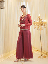 Berry Silk Embroidered Solid Top & Palazzo With Jacket Set For Women