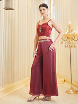 Berry Silk Embroidered Solid Top & Palazzo With Jacket Set For Women