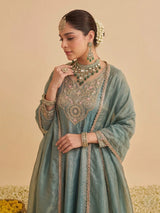 Blue Silk Embroidered Flared Kurta Palazzo Suit With Dupatta For Women