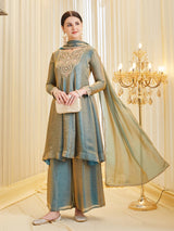 Blue Silk Embroidered Flared Kurta Palazzo Suit With Dupatta For Women