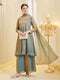 Blue Silk Embroidered Flared Kurta Palazzo Suit With Dupatta For Women
