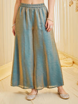 Blue Silk Embroidered Flared Kurta Palazzo Suit With Dupatta For Women