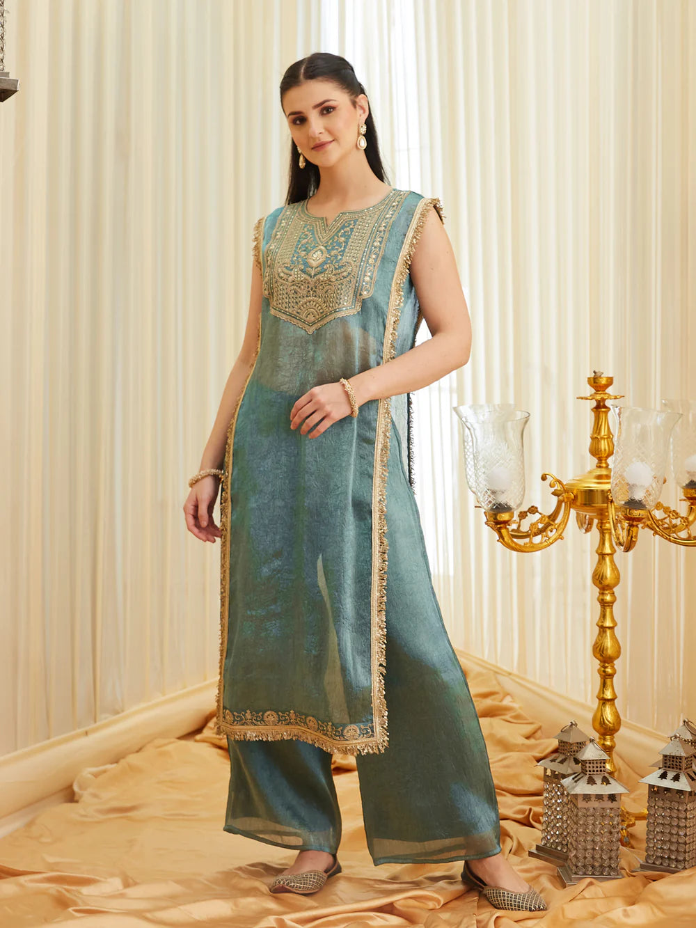 C-Green Embroidered Sheer Silk Kurta Set