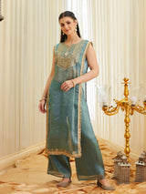 C-Green Embroidered Sheer Silk Kurta Set