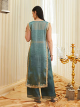 C-Green Embroidered Sheer Silk Kurta Set