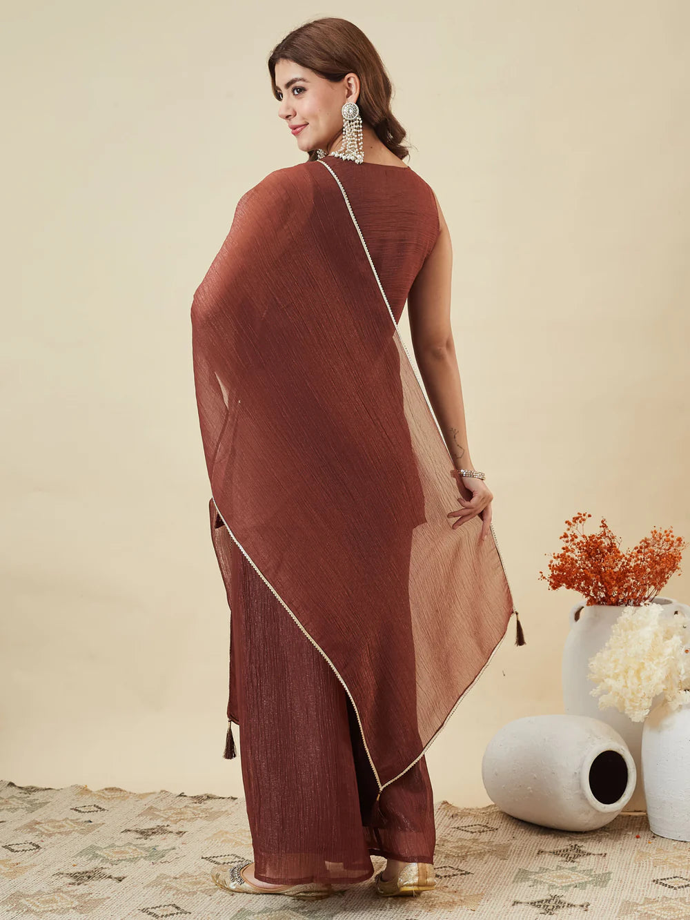 Coffee Silk Embroidered Palazzo Suit with Dupatta