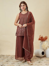 Coffee Silk Embroidered Palazzo Suit with Dupatta